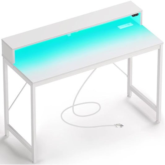 Computer Desk 47 Inch with LED Lights & Power Outlets, Home Office Desk with Monitor Shelf, Gaming Desk, Writing Desk, White